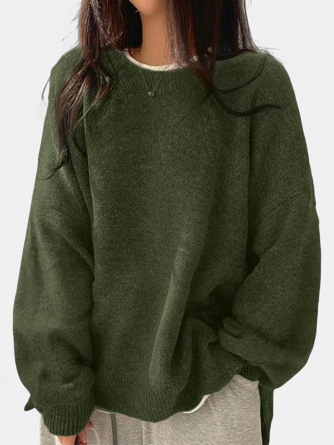 Women's Drop Shoulder Split Hem Round Neck Jumper - Olive Green