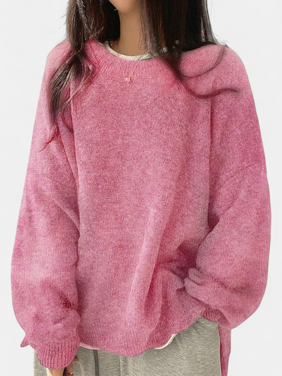 Women's Drop Shoulder Split Hem Round Neck Jumper - Pink