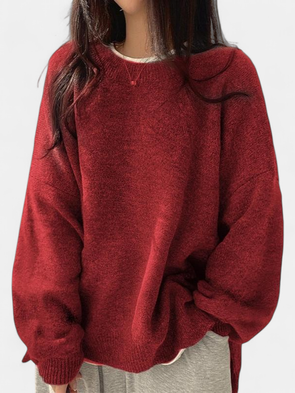 Women's Drop Shoulder Split Hem Round Neck Jumper - Red