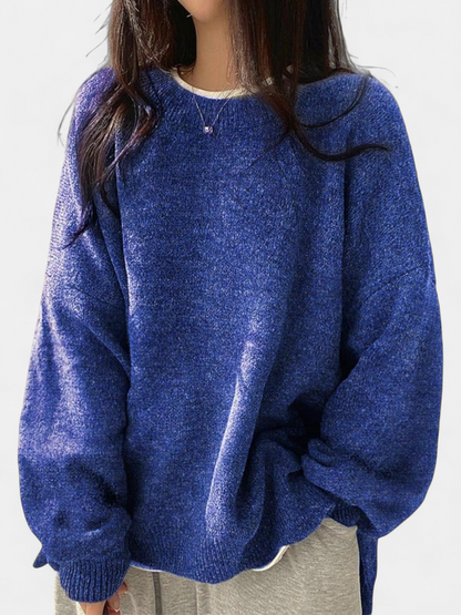 Women's Drop Shoulder Split Hem Round Neck Jumper - Dark Blue