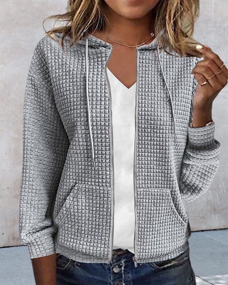 Women's Hooded Zip-Up Cardigan with Pockets and Waffle Texture - Grey