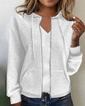 Women's Hooded Zip-Up Cardigan with Pockets and Waffle Texture - White