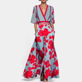 Women's Elegant Loose Floral Dress - BLUE AND RED