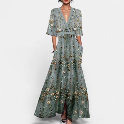 Women's Elegant Loose Floral Dress - GREEN