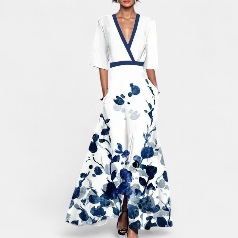 Women's Elegant Loose Floral Dress - WHITE AND BLUE