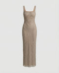Women's Sleeveless Maxi Dress with Square Neck and A-line Silhouette - Beige