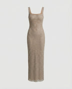 Women's Sleeveless Maxi Dress with Square Neck and A-line Silhouette - Beige