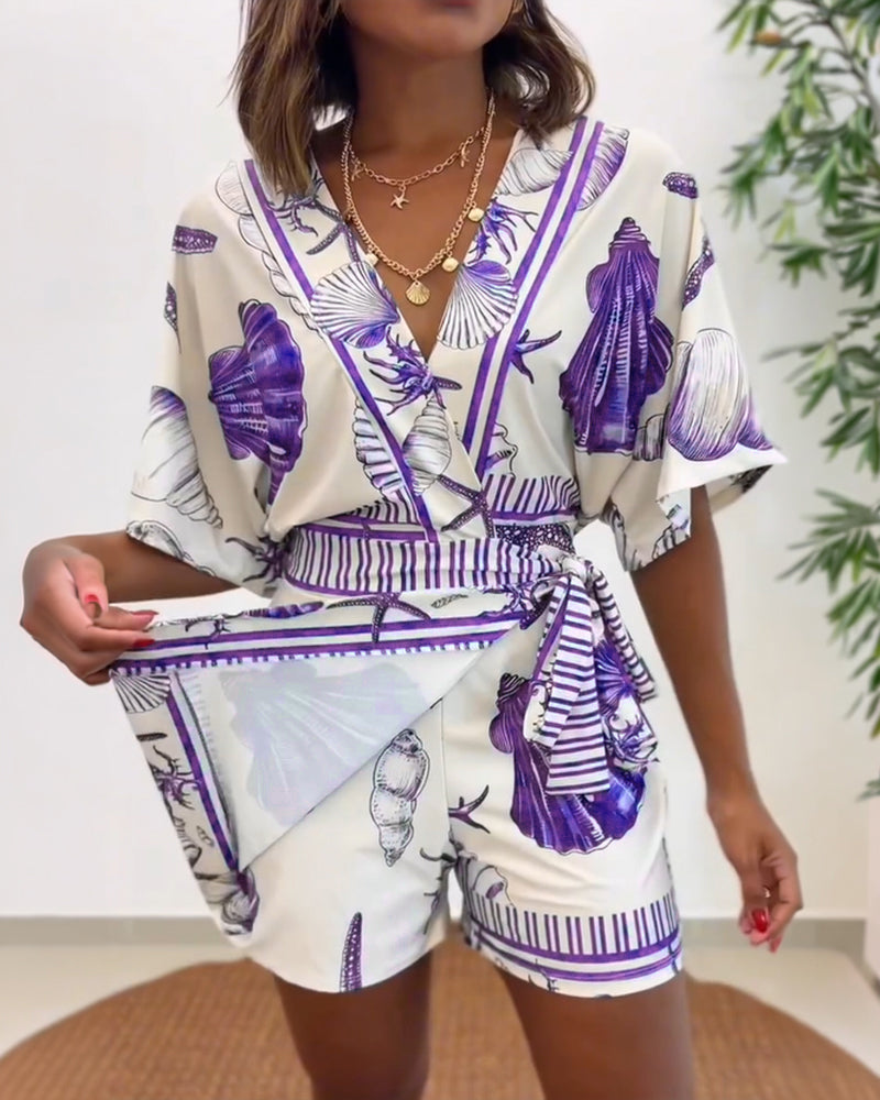 Women's Romper V-Neck Half Sleeve Wrap Knot with Seashell Print - Purple