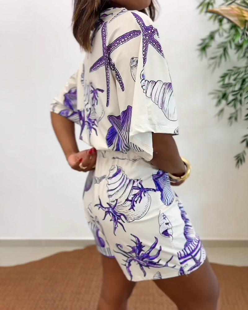 Women's Romper V-Neck Half Sleeve Wrap Knot with Seashell Print - 10