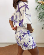 Women's Romper V-Neck Half Sleeve Wrap Knot with Seashell Print - 10