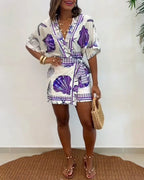 Women's Romper V-Neck Half Sleeve Wrap Knot with Seashell Print - 11