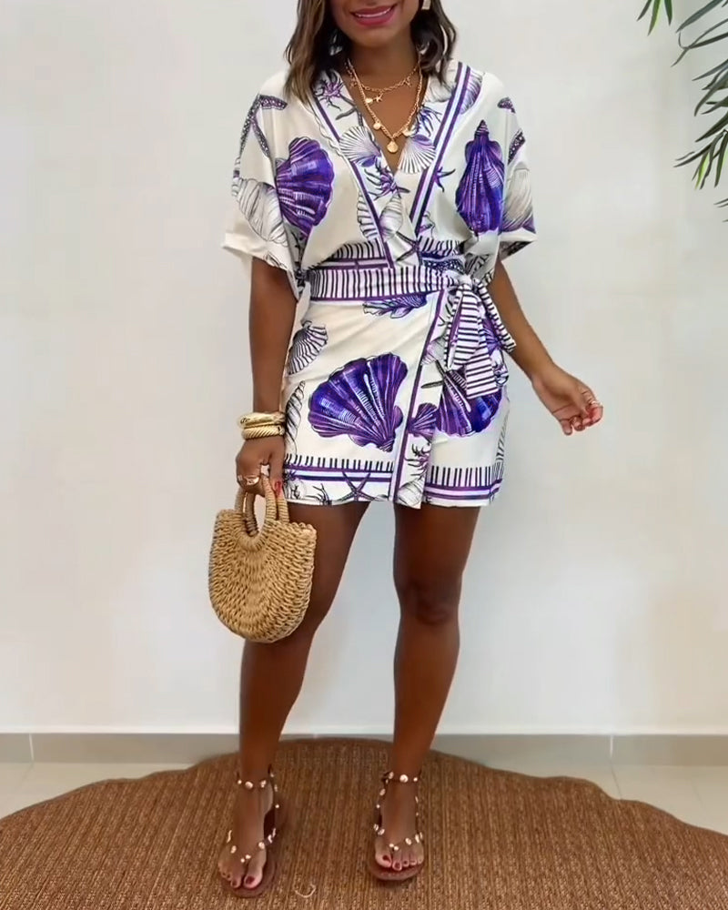 Women's Romper V-Neck Half Sleeve Wrap Knot with Seashell Print - 12