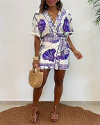 Women's Romper V-Neck Half Sleeve Wrap Knot with Seashell Print - 12