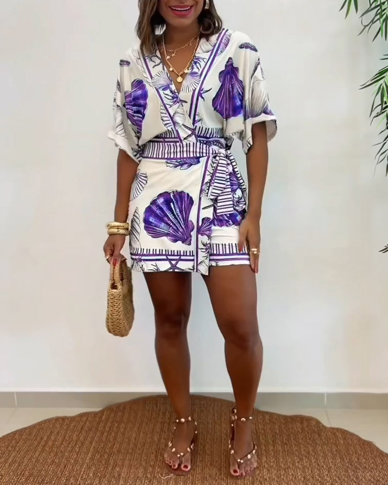 Women's Romper V-Neck Half Sleeve Wrap Knot with Seashell Print - 13