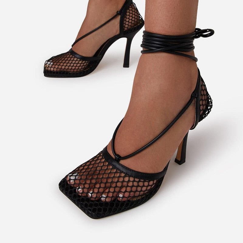 Women's Lace-Up High Heel Sandals with Open Toe - 6