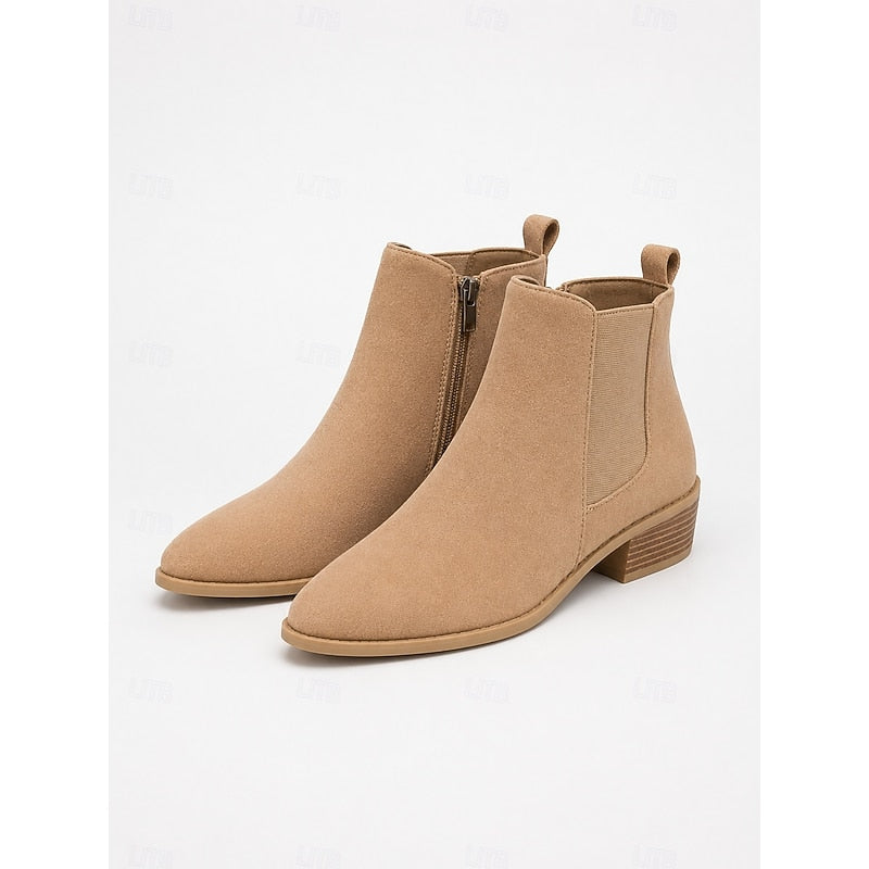 Women's Pointed Toe Chelsea Ankle Boots Low Block Heel - Khaki