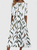 Women's Midi Dress Short Sleeve with Round Neckline and A-Line Silhouette - Green