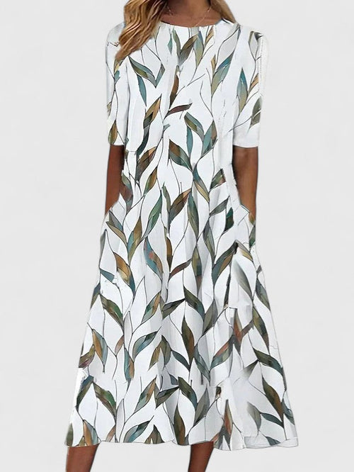Women's Midi Dress Short Sleeve with Round Neckline and A-Line Silhouette - Green