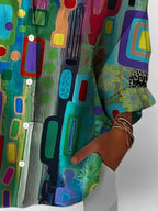 Women's Blouse Long Sleeve with Geometric Print and Collar - 4