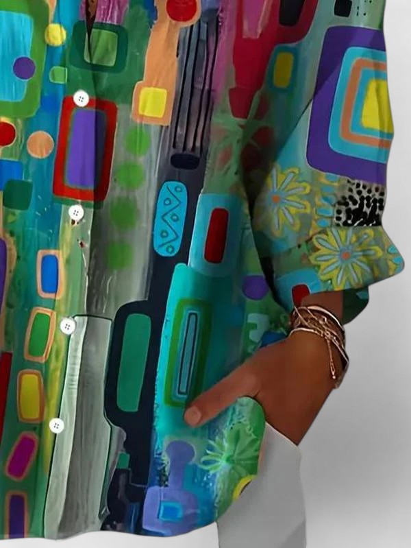 Women's Blouse Long Sleeve with Geometric Print and Collar - 4