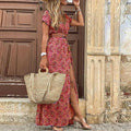 Women's Maxi Dress with V-Neck and Front Slit - Pink
