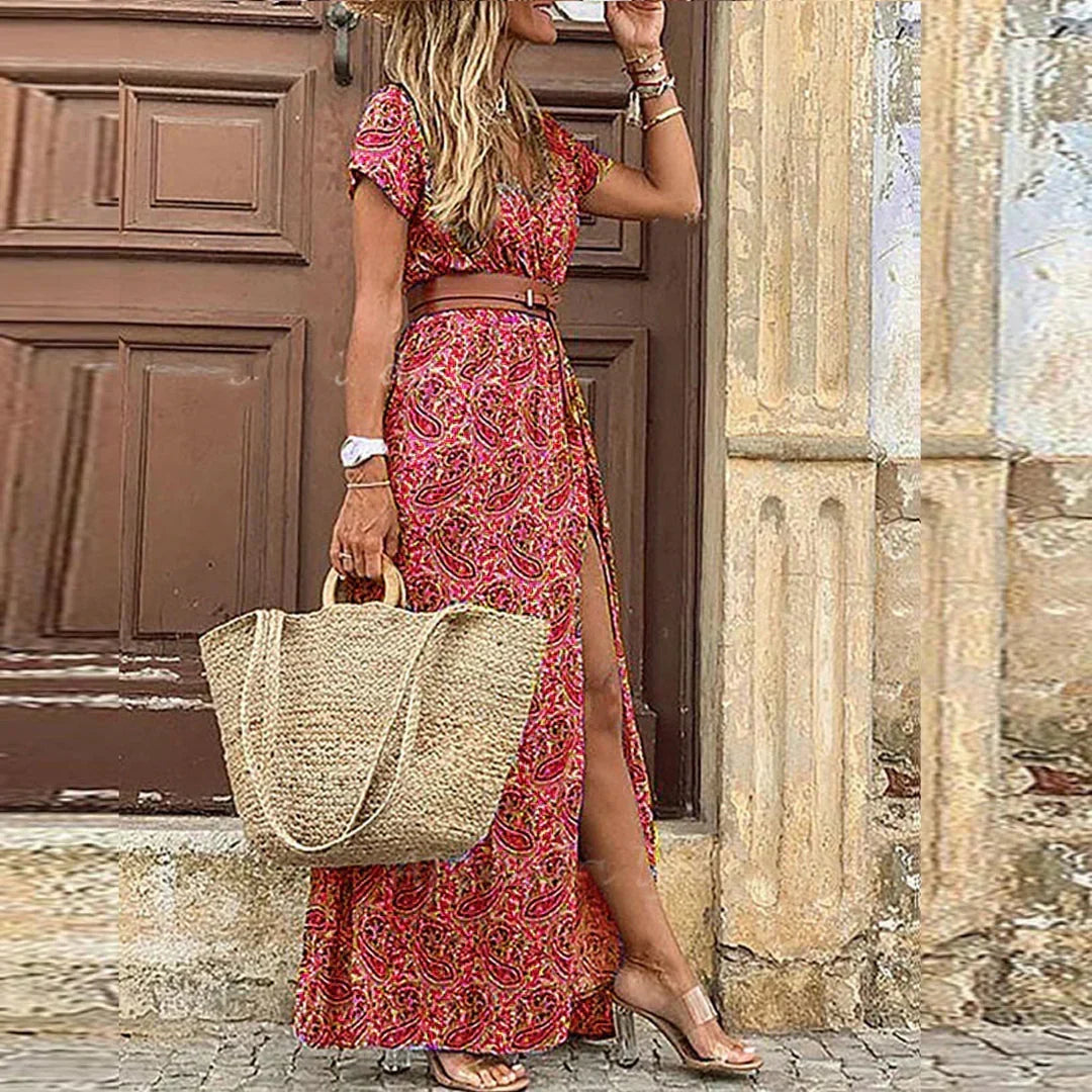 Women's Maxi Dress with V-Neck and Front Slit - Pink