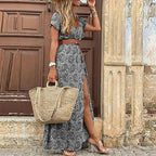 Women's Maxi Dress with V-Neck and Front Slit - Grey