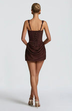 Women Corset Mini Dress Sleeveless with Square Neck and Draped Skirt - 5
