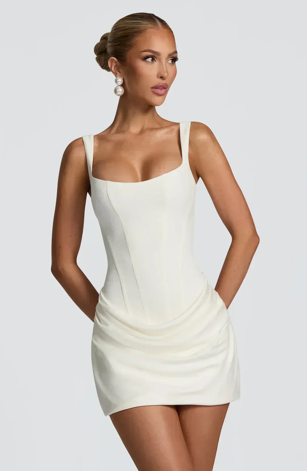 Women Corset Mini Dress Sleeveless with Square Neck and Draped Skirt - White