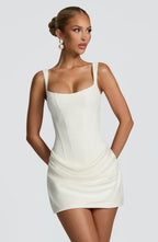 Women Corset Mini Dress Sleeveless with Square Neck and Draped Skirt - White