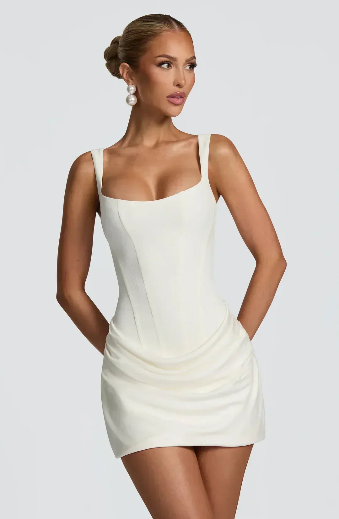 Women Corset Mini Dress Sleeveless with Square Neck and Draped Skirt - White