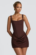 Women Corset Mini Dress Sleeveless with Square Neck and Draped Skirt - Brown
