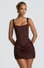 Women Corset Mini Dress Sleeveless with Square Neck and Draped Skirt - Brown