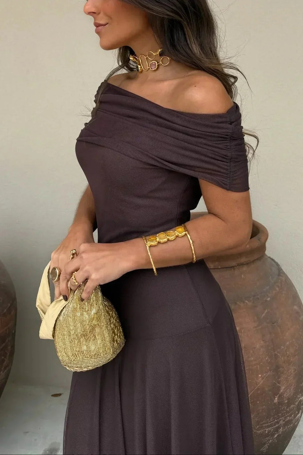Women's Pleated One-Shoulder Maxi Dress with A-Line Silhouette - 4