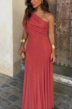 Women's Pleated One-Shoulder Maxi Dress with A-Line Silhouette - 6