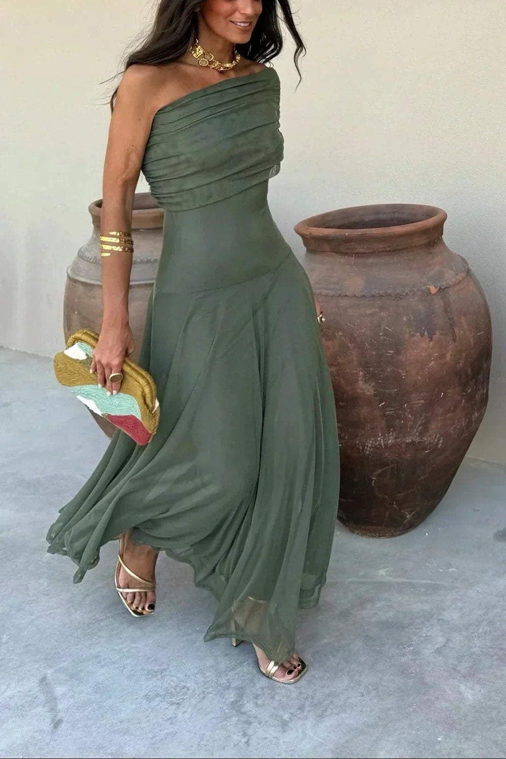 Women's Pleated One-Shoulder Maxi Dress with A-Line Silhouette - 12