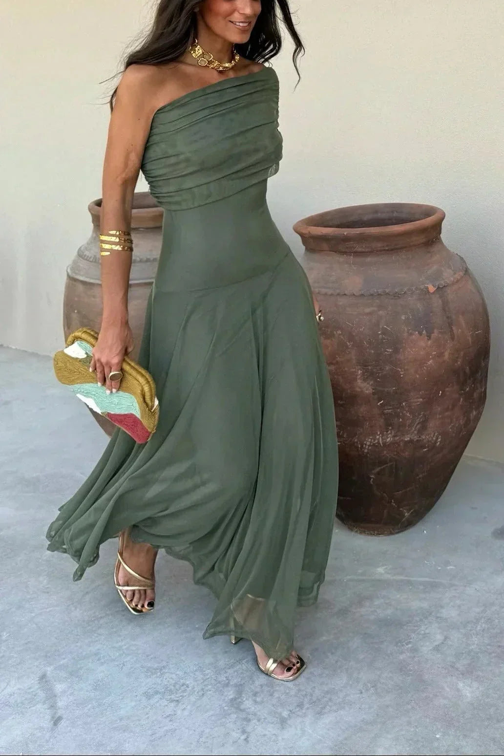 Women's Pleated One-Shoulder Maxi Dress with A-Line Silhouette - 12