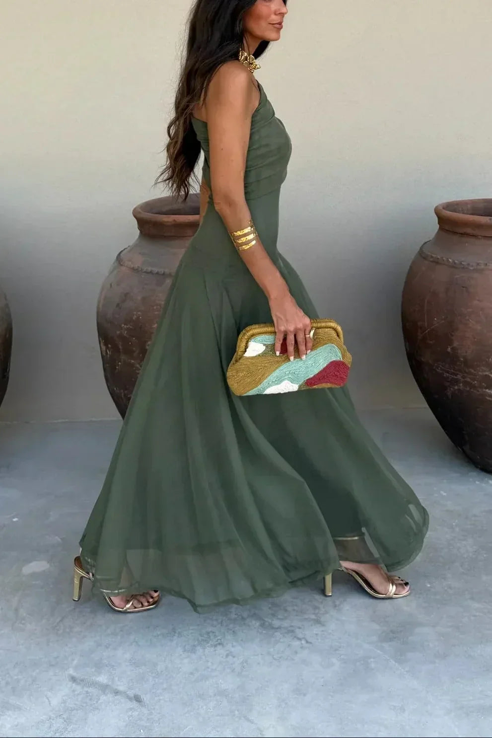 Women's Pleated One-Shoulder Maxi Dress with A-Line Silhouette - 13