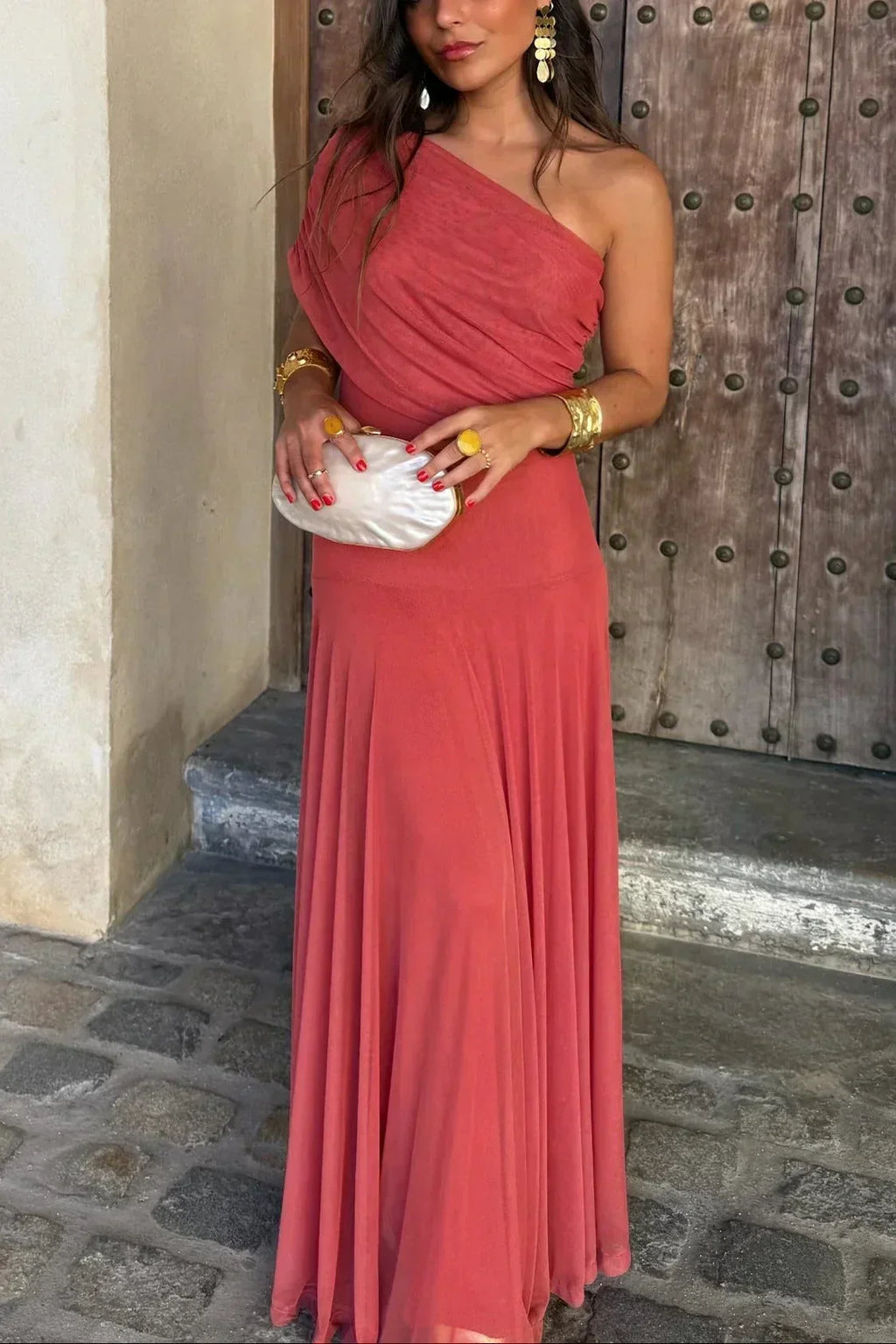 Women's Pleated One-Shoulder Maxi Dress with A-Line Silhouette - 7