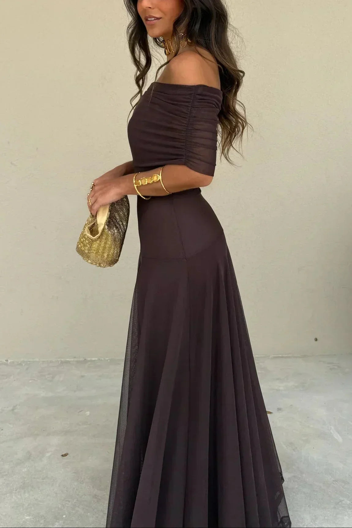 Women's Pleated One-Shoulder Maxi Dress with A-Line Silhouette - 3