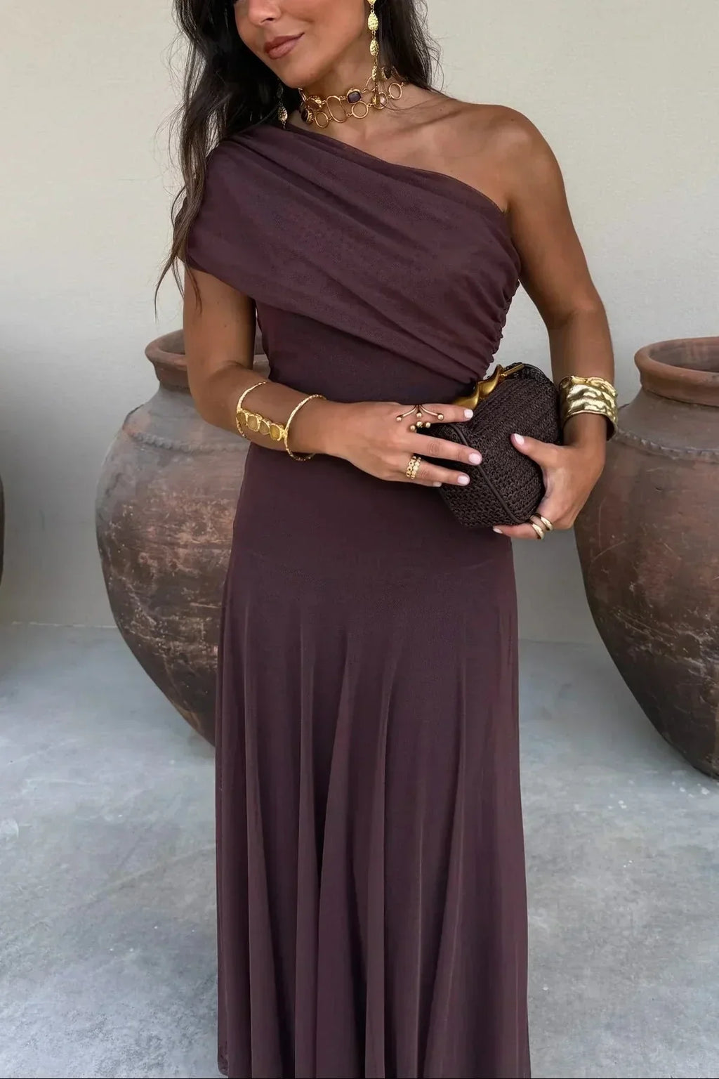 Women's Pleated One-Shoulder Maxi Dress with A-Line Silhouette - Brown