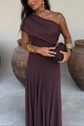 Women's Pleated One-Shoulder Maxi Dress with A-Line Silhouette - Brown