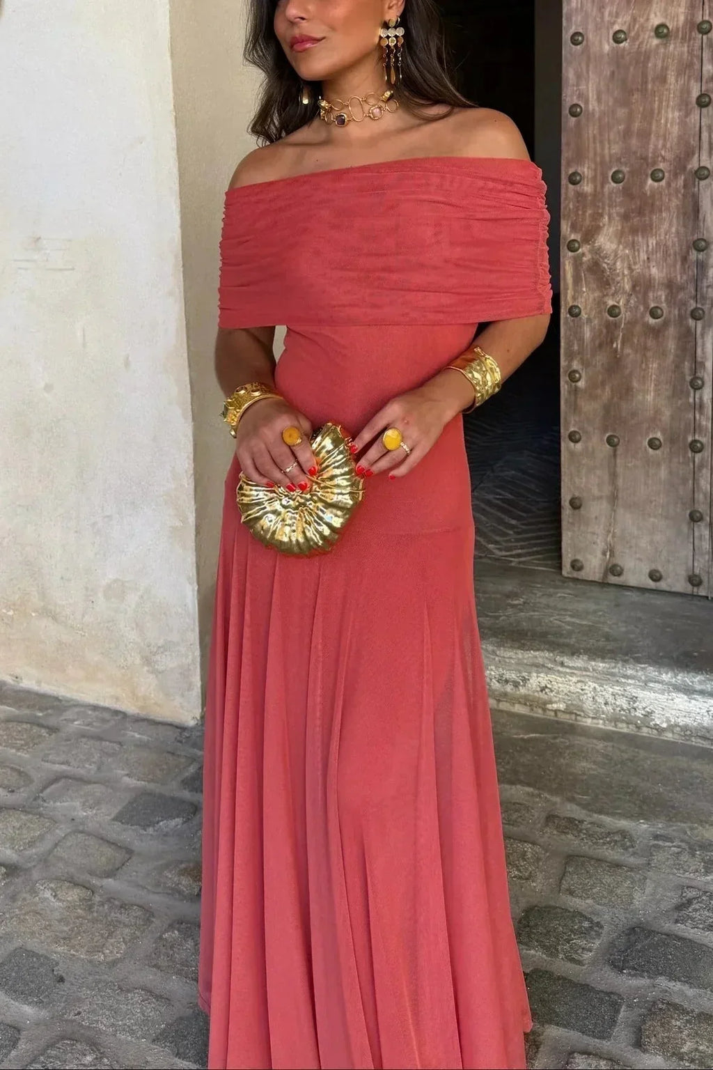 Women's Pleated One-Shoulder Maxi Dress with A-Line Silhouette - Red