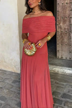 Women's Pleated One-Shoulder Maxi Dress with A-Line Silhouette - Red
