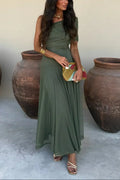 Women's Pleated One-Shoulder Maxi Dress with A-Line Silhouette - Green