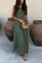 Women's Pleated One-Shoulder Maxi Dress with A-Line Silhouette - Green