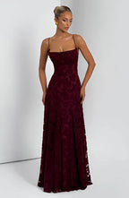 Women's Floral Maxi Dress Thin Straps with A-Line Silhouette - Burgundy
