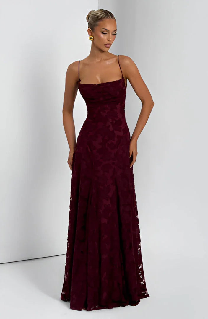 Women's Floral Maxi Dress Thin Straps with A-Line Silhouette - Burgundy
