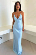 Women's Satin Maxi Dress with V-Neck and Slim Straps - Blue