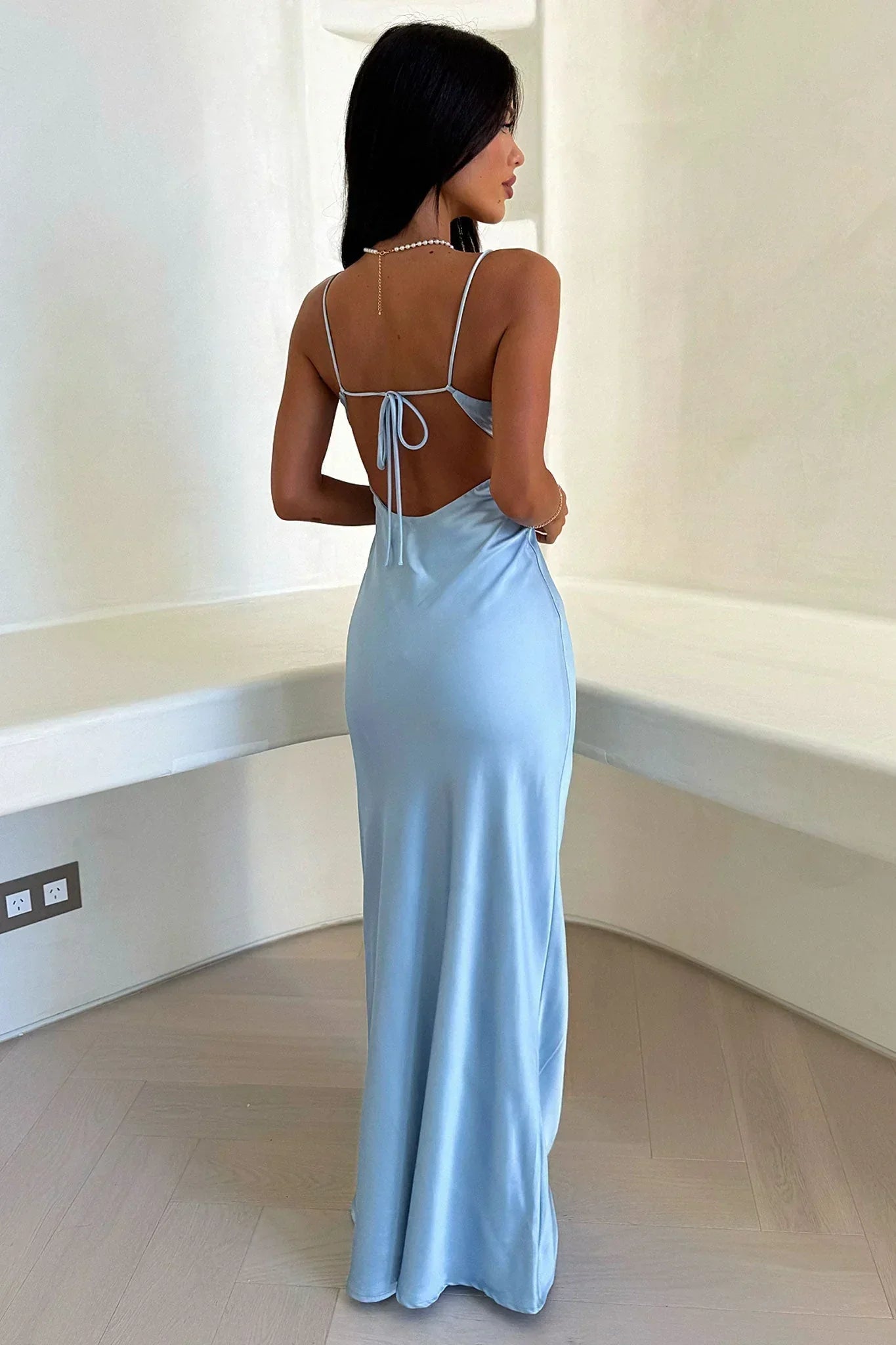 Women's Satin Maxi Dress with V-Neck and Slim Straps - 6